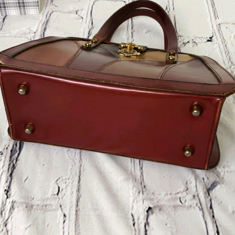 Vintage Leather Patched Satchel Handbag Browns Mid Century - Picture 5 of 16